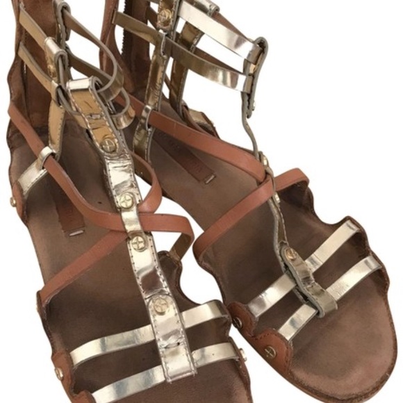 BCBG gladiator sandals in gold and tan leather. - Picture 5 of 5